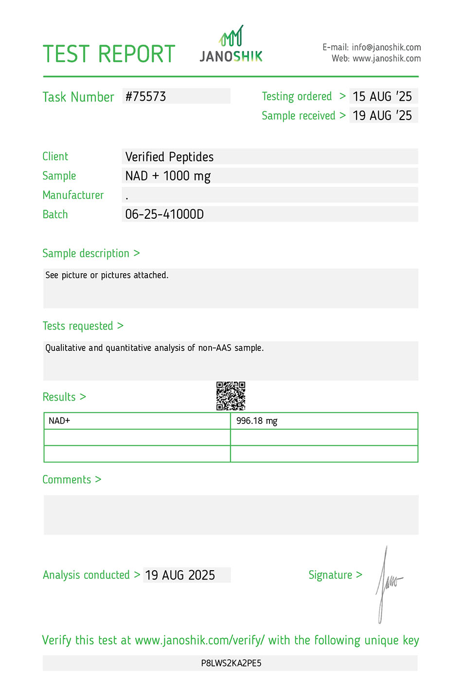 NAD Certificate of Analysis Lab Test Report August 2025