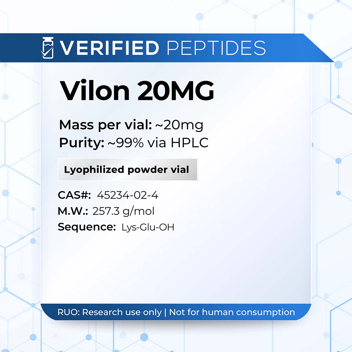 An information sheet for our 20MG Vilon peptide.