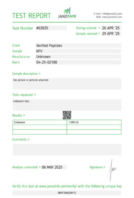 An endotoxin test report for our 10mg KPV peptides.