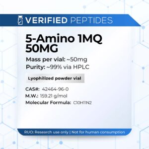 A peptide information sheet for the Verified Peptides 50mg 5-Amino 1MQ peptide.