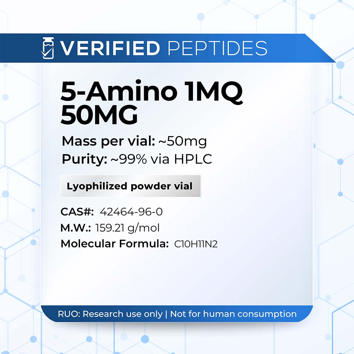 A peptide information sheet for the Verified Peptides 50mg 5-Amino 1MQ peptide.