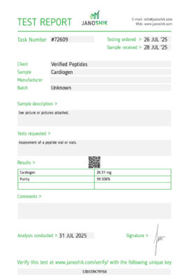 Certificate of Analysis Lab Test Report July 2025 for Cardiogen Peptide