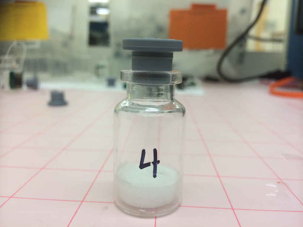 An image of a freeze dried peptide vial and its preparation.