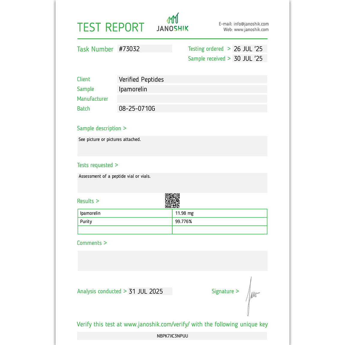 Ipamorelin Peptide Purity Certificate of Analysis Lab Test Report July 2025