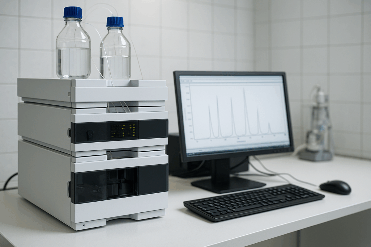 A picture of a lab desk with an HPLC machine.
