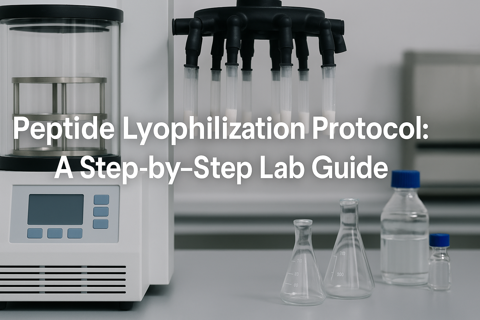 An illustration explaining a step-by-step guide for lyophilizing peptides.