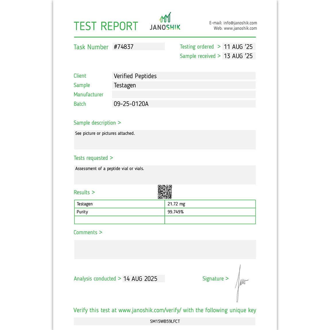 Certificate of Analysis Lab Test Report August 2025 for Testagen Peptide
