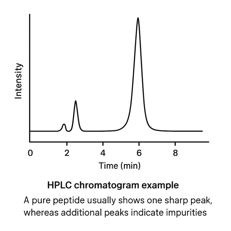 A peptide HPLC chromatogram showing the peaks and purity of different detected compounds.