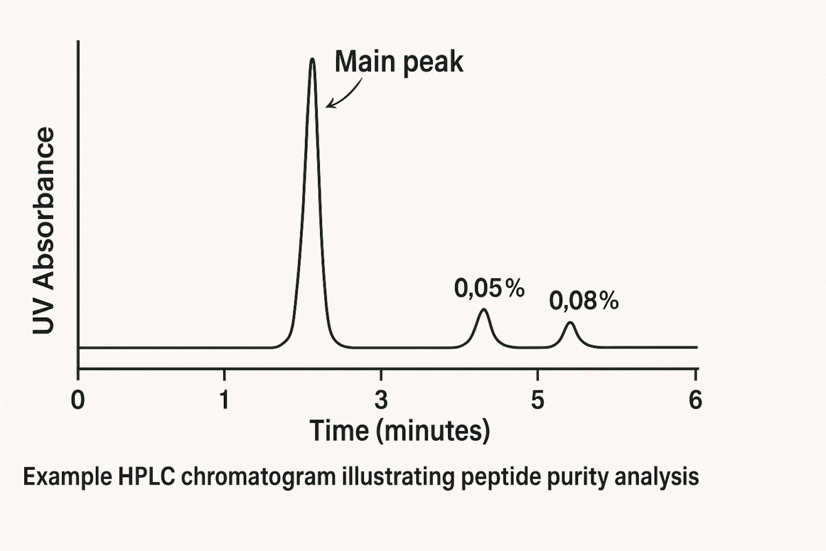 An illustration showing the different peaks in an HPLC chromatogram representing purity.