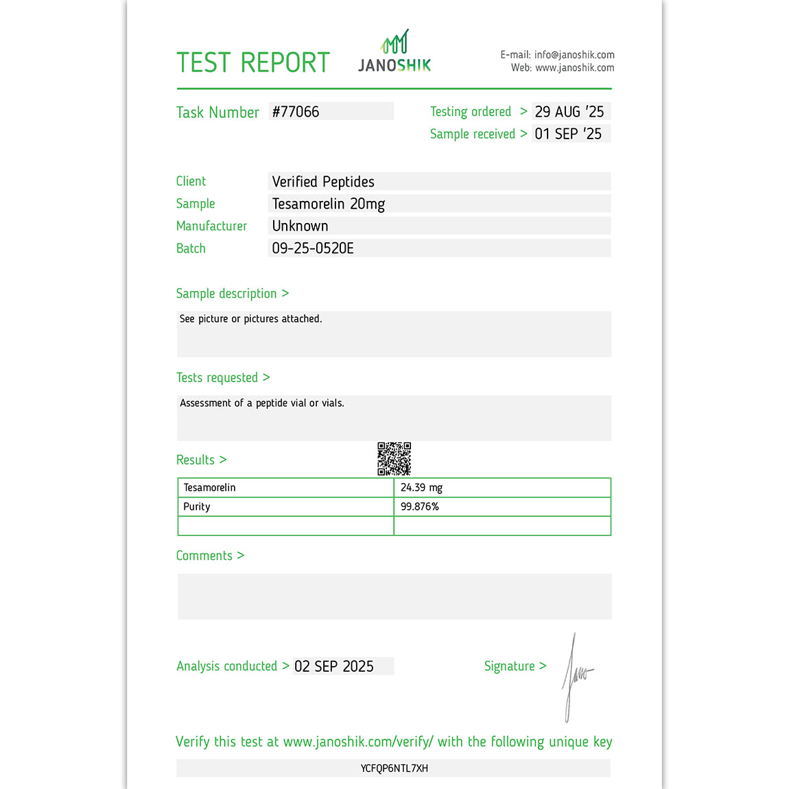 Tesa Peptide Purity Certificate of Analysis Lab Test Report September 2025