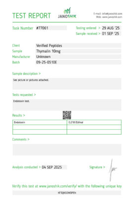 Thymalin Endotoxin Certificate of Analysis Lab Test Report September 2025