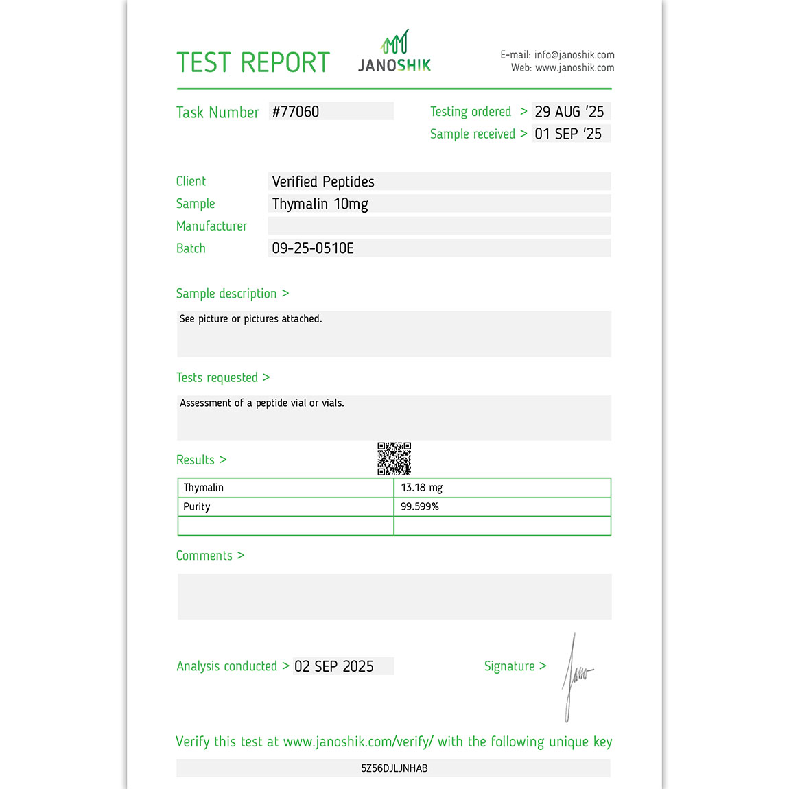 Thymalin Peptide Purity Certificate of Analysis Lab Test Report September 2025
