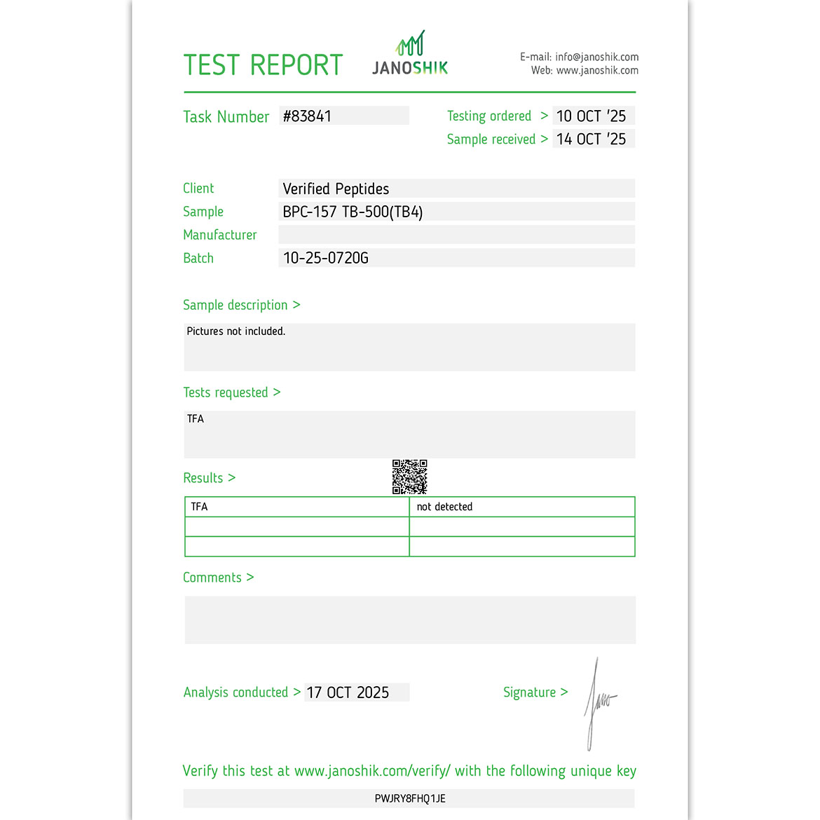 BPC-157 TB-500 Peptide TFA Certificate of Analysis Lab Test Report October 2025