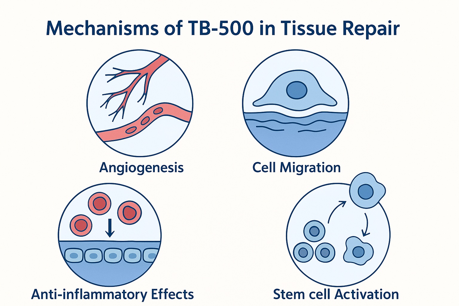 Mechanisms of TB-500 in Tissue Repair - showing angiogenesis, cell migration, anti-inflammatory effects, and stem cell activation