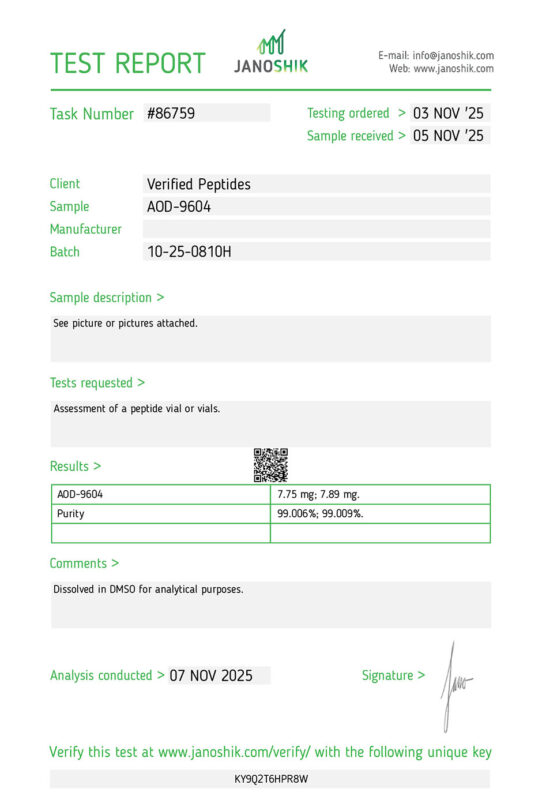 AOD-9604 Peptide Purity Certificate of Analysis Lab Test Report October 2025