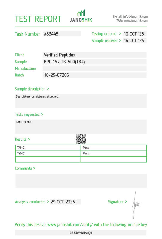BPC-157 TB-500 Peptide Sterility Certificate of Analysis Lab Test Report October 2025