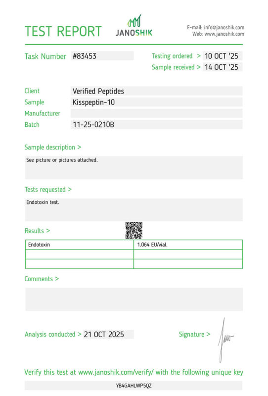 Kisspeptin Peptide Endotoxin Certificate of Analysis Lab Test Report October 2025