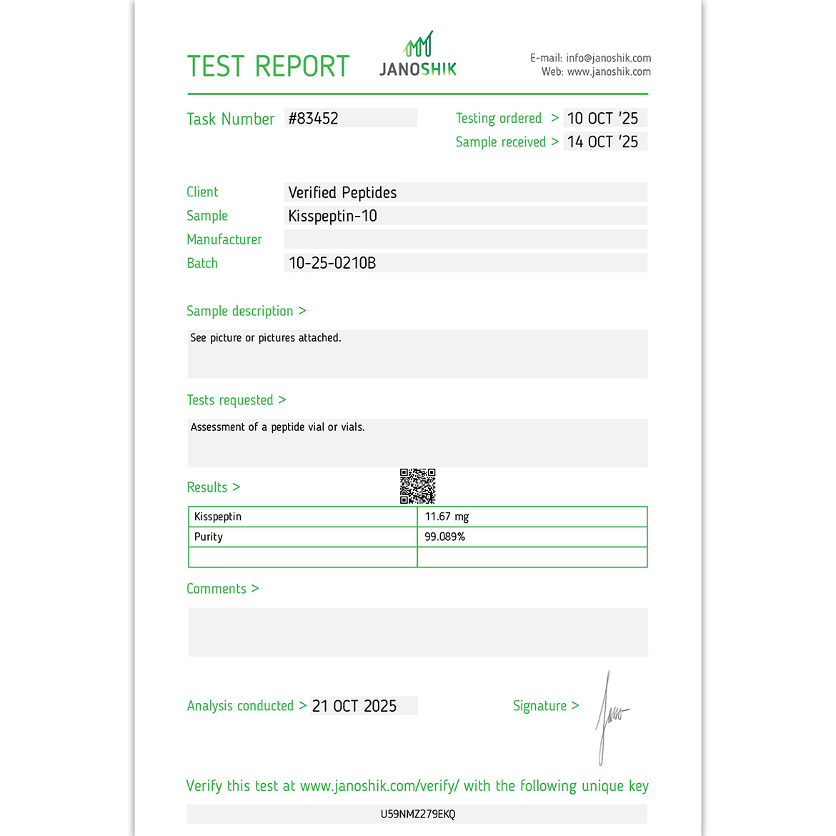 Kisspeptin Peptide Purity Certificate of Analysis Lab Test Report October 2025 sq