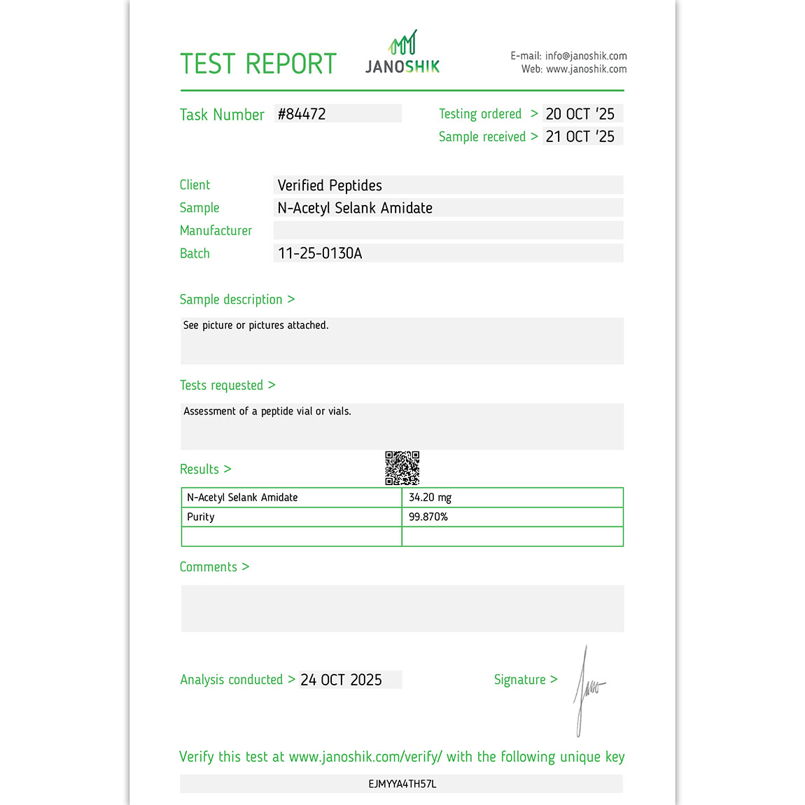 N-Acetyl Selank Am Peptide Certificate of Analysis Lab Test Report October 2025