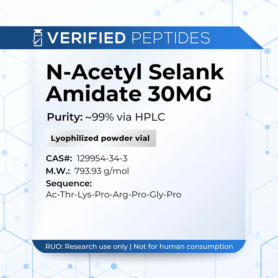 A peptide information sheet for the Verified Peptides 30mg N-Acetyl Selank peptide.