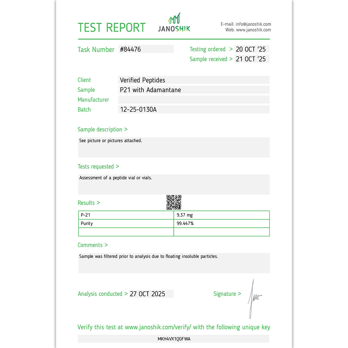 p21 Peptide Purity Certificate of Analysis Lab Test Report October 2025 s