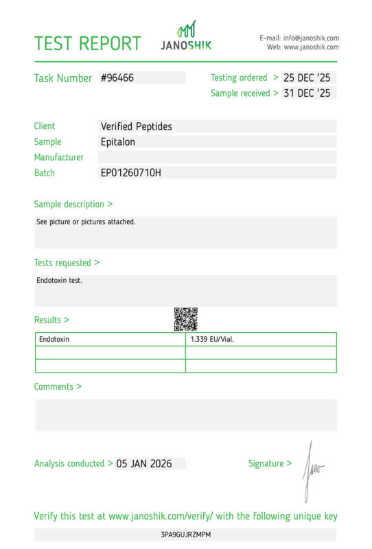 Epitalon Peptide Endotoxin Certificate of Analysis Lab Test Report January 2026