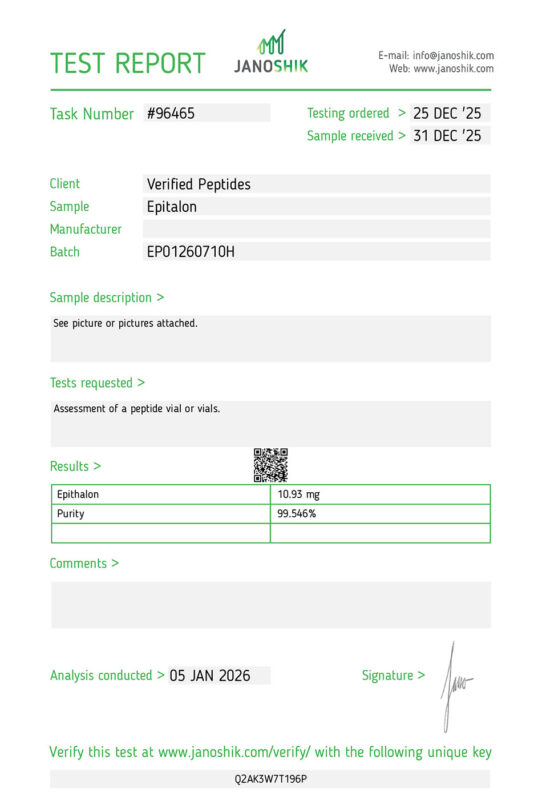 Epitalon Peptide Purity Certificate of Analysis Lab Test Report January 2026