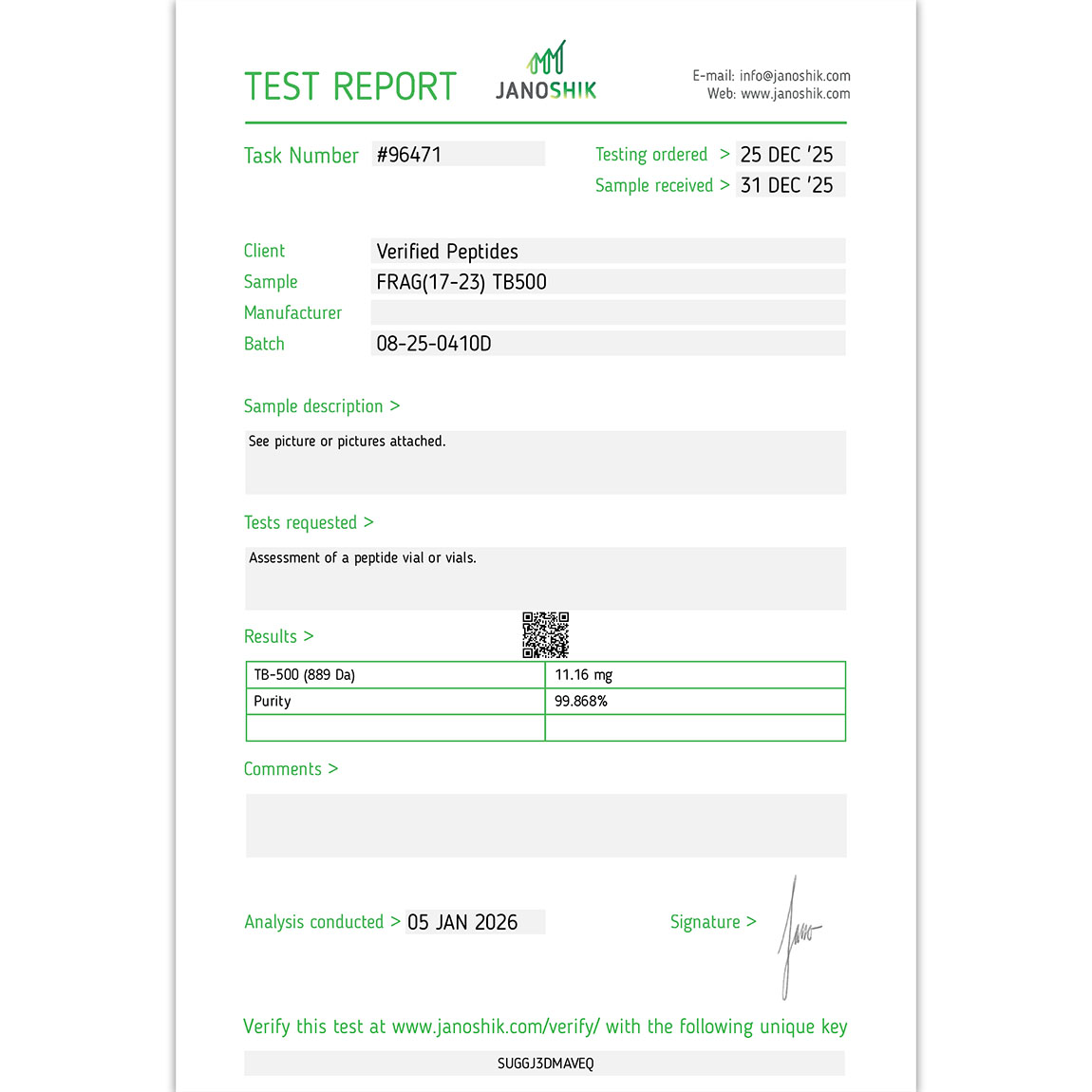 Frag(17-23) TB-500 Peptide Purity Certificate of Analysis Lab Test Report January 2026 sq