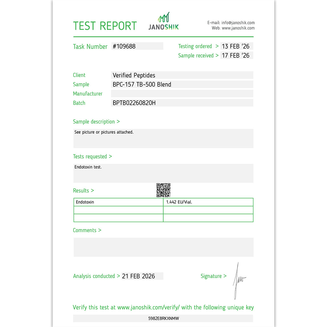 BPC-157 TB500 Blend Peptide Endotoxin Certificate of Analysis Lab Test Report February 2026
