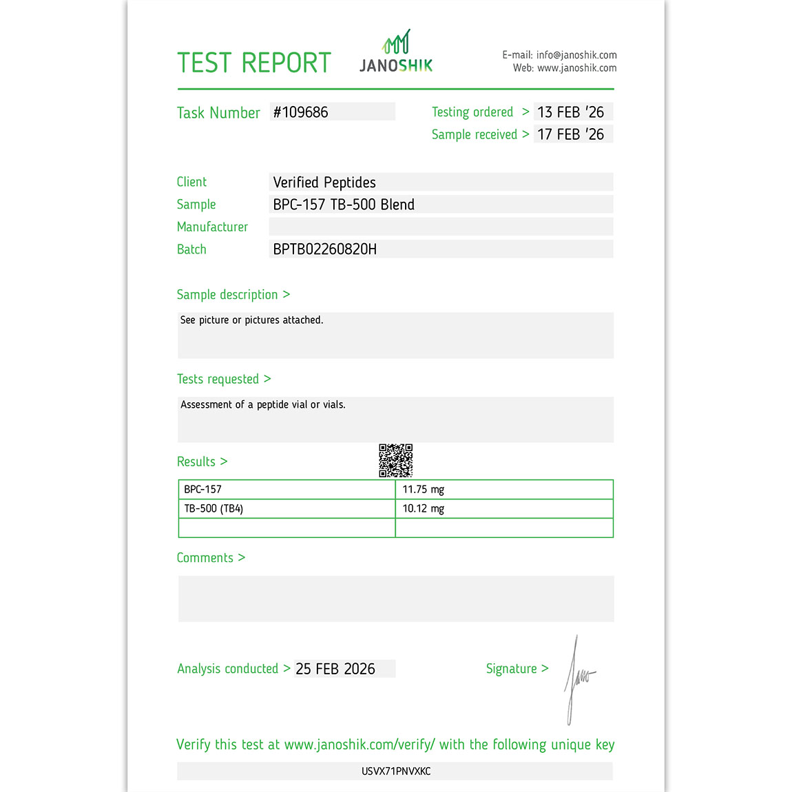 BPC-157 TB500 Blend Peptide Purity Certificate of Analysis Lab Test Report February 2026