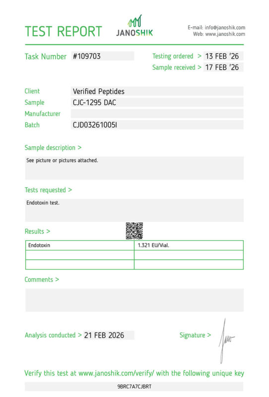 CJC1295 DAC Peptide Endotoxin Certificate of Analysis Lab Test Report February 2026