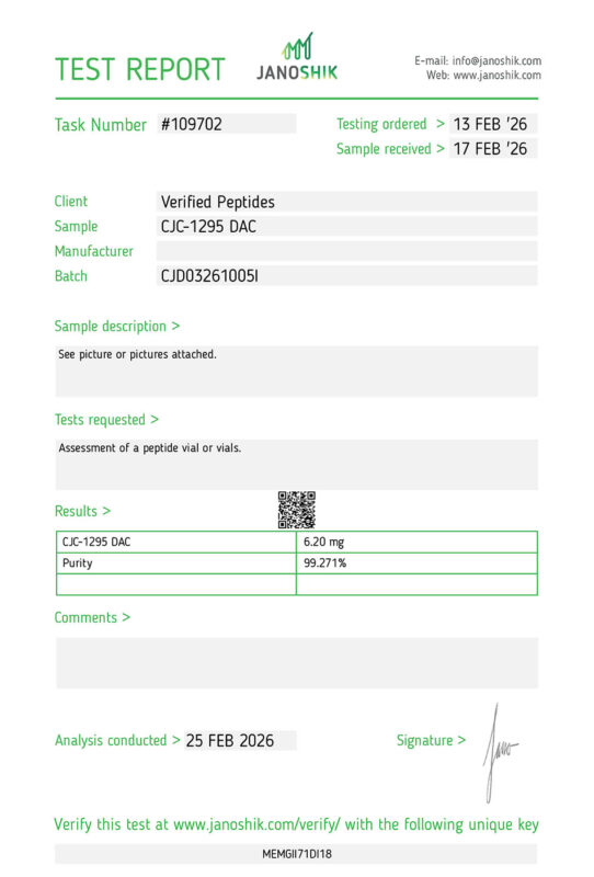CJC1295 DAC Peptide Purity Certificate of Analysis Lab Test Report February 2026