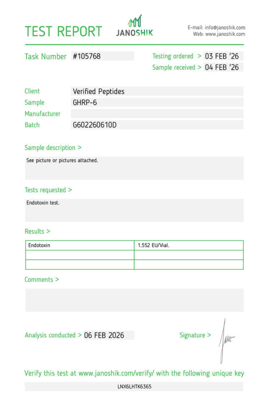 GHR-6 Peptide Endotoxin Certificate of Analysis Lab Test Report February 2026