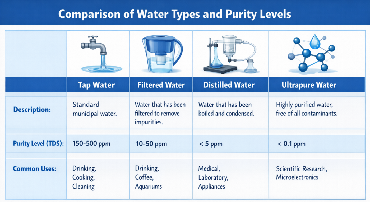 A comparison infographic of different water purity standards and water quality