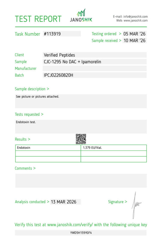 Ipamorelin CJC1295 Peptide Endotoxin Certificate of Analysis Lab Test Report March 2026
