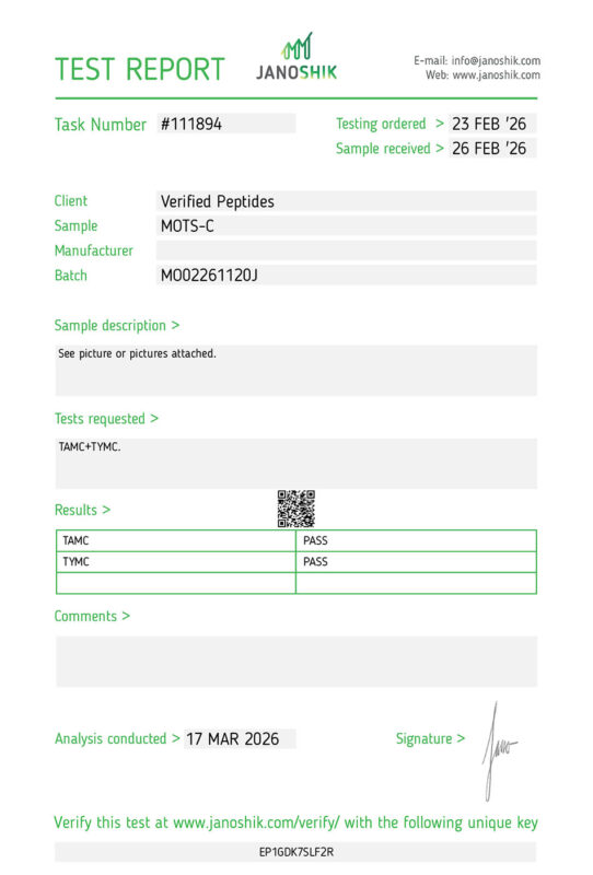 MOTSC Peptide Sterility Certificate of Analysis Lab Test Report March 2026